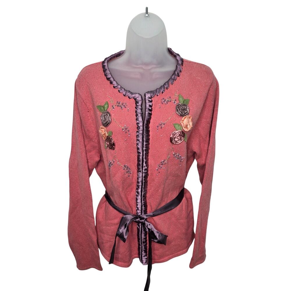 Womens XL Cardigan Cottagecore Romantic Floral Embroidered Tie Front Sweater